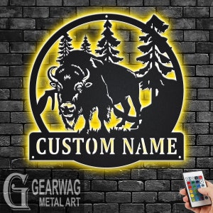 Custom Bison Metal Wall Art With LED Light, Personalized Bison Name Sign Decoration For Room, Bison Metal LED Decor, Custom Bison Name Sign