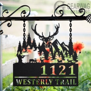 Personalized Deer Hunter Metal Address Sign House Number Hanging Address Plaque Yard Sign, Outdoor Sign Garden Stake, Custom Address Sign