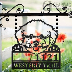 Personalized Bichon Frise Dog Metal Address Sign House Number Hanging Address Plaque Yard Sign, Outdoor Sign Garden Stake, Address Sign