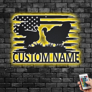 Custom US Turkey Hunting Metal Wall Art With LED Light, Personalized Hunter Name Sign Decoration For Room, Turkey Hunting Metal LED Decor