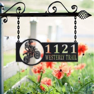 Gepersonaliseerde metalen adresbord voor crossmotor huisnummer hangend adresplaquette tuinbord, bord buiten tuinpaal, metalen adresbord