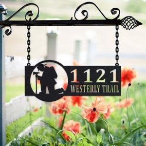 Personalized Fireman Metal Address Sign House Number Hanging Address Plaque Yard Sign, Outdoor Sign Garden Stake, Metal Address Sign