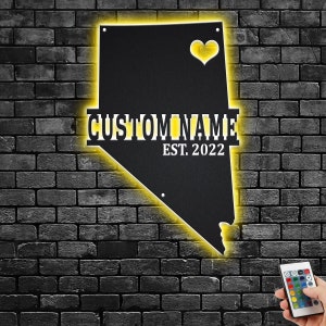 Décoration murale personnalisée en métal, carte du Nevada avec lumière LED, décoration personnalisée de nom d'état du Nevada pour chambre, décoration LED en métal né au Nevada