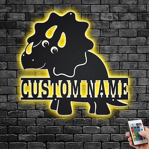 Custom Triceratops Dinosaur Metal Wall Art With LED Light, Personalized  Dinosaur Name Sign Decoration For Room, Dinosaur Metal LED Decor