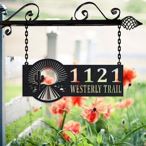 Personalized Cactus Metal Address Sign House Number Hanging Address Plaque Yard Sign, Outdoor Sign Garden Stake, Metal Address Sign
