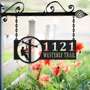 Personalized Lineman Metal Address Sign House Number Hanging Address Plaque Yard Sign, Outdoor Sign Garden Stake, Metal Address Sign