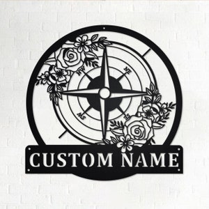 Custom Floral Compass Metal Wall Art, Personalized Compass Name Sign Decoration For Room, Compass Metal Home Decor, Custom Compass