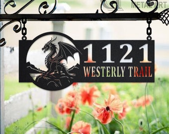 Personalized Magic Dragon Metal Address Sign House Number Hanging Address Plaque Yard Sign, Outdoor Sign Garden Stake, Dragon Address Name