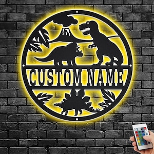 Custom Dinosaur Metal Wall Art With LED Light, Personalized Dinosaur Name Sign Decoration For Room, Dinosaur Metal LED Decor,Custom Dinosaur