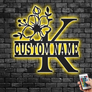 Custom Floral Alphabet K Metal Wall Art With Led Light, Personalized Alphabet Family Name Sign Decoration For Room,Last Name Metal LED Decor