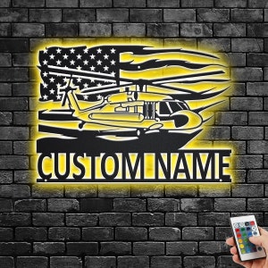 Custom US Helicopter Metal Wall Art With LED Light, Personalized Helicopter Name Sign Decoration For Room, Helicopter Metal LED Decor