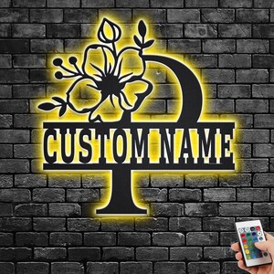 Custom Floral Alphabet P Metal Wall Art With Led Light, Personalized Alphabet Family Name Sign Decoration For Room,Last Name Metal LED Decor