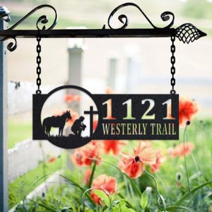 Personalized Cowboy Metal Address Sign House Number Hanging Address Plaque Yard Sign, Outdoor Sign Garden Stake, Metal Address Sign