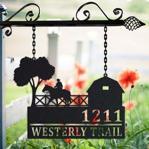 Personalized Cowboy Metal Address Sign House Number Hanging Address Plaque Yard Sign, Outdoor Sign Garden Stake, Metal Address Sign
