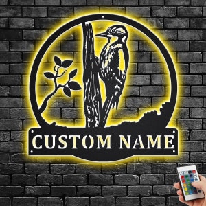 Custom Bird woodpecker Metal Wall Art With LED Light, Personalized Bird woodpecker Name Sign Decoration For Room, Bird woodpecker Home Decor
