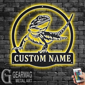 Custom Bearded Dragon Metal Wall Art With LED Light, PersonalizedBearded Dragon Name Sign Decoration For Room,Bearded Dragon Metal LED Decor