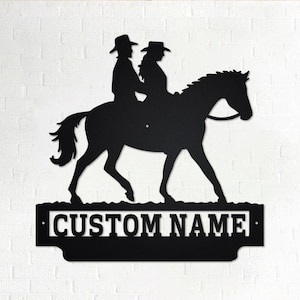 Custom Cowboy and Cowgirl Riding a Horse Metal Wall Art, Personalized Cowboy Name Sign Decoration For Room, Cowboy Home Decor, Custom Cowboy