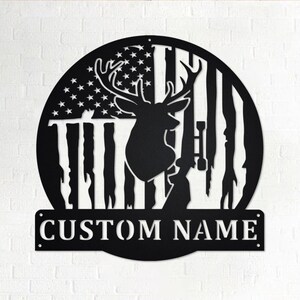 Custom US Flag Deer Hunting Metal Wall Art, Personalized  Deer Hunter Name Sign Decoration For Room, Deer Hunting Home Decor, Custom Hunter