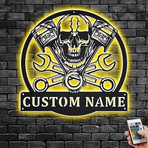 Custom Mechanic Skull Metal Wall Art With LED Light, Personalized Mechanic Name Sign Decoration For Room, Mechanic Home Decor, Mechanic LED