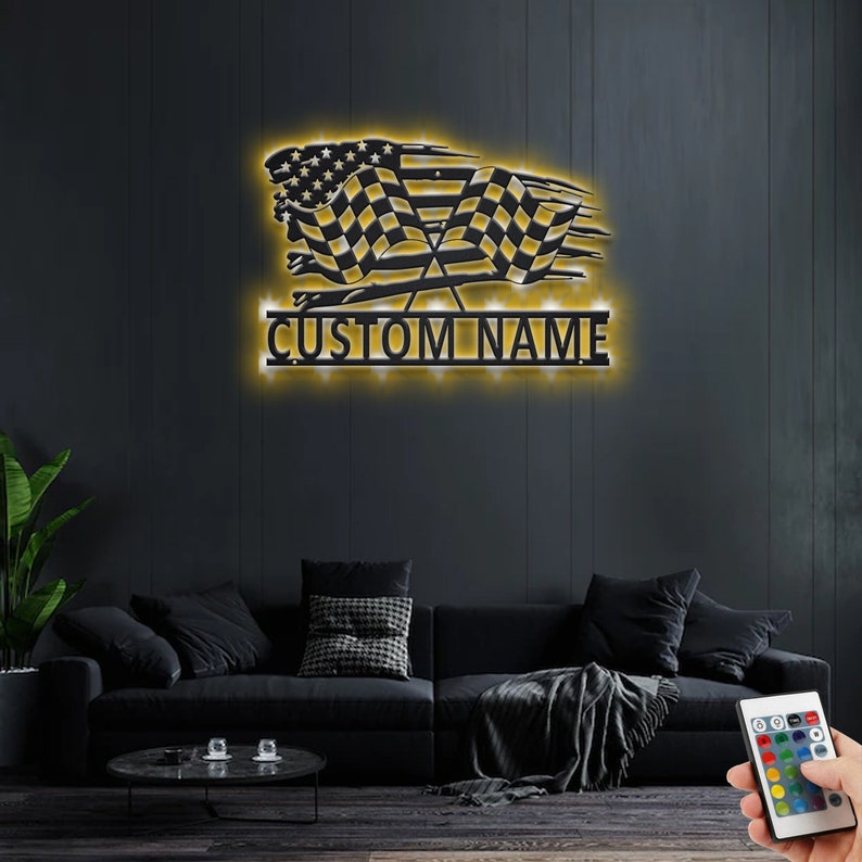 Custom Checkered Flag Metal LED Sign: Personalized Racing Decor - Etsy