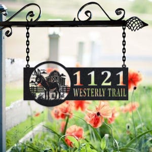 Personalized Donkey Metal Address Sign House Number Hanging Address Plaque Yard Sign, Outdoor Sign Garden Stake, Metal Address Sign