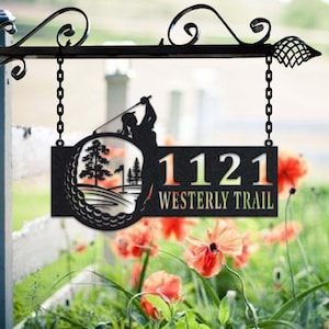 Personalized Female Golfer Metal Address Sign House Number Hanging Address Plaque Yard Sign, Outdoor Sign Garden Stake, Metal Address Sign