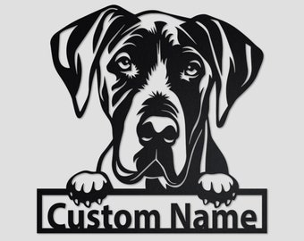 May include: Black and white silhouette of a Great Dane dog peeking over a sign that says "Custom Name".