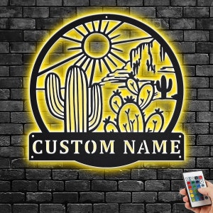 Custom Cactus Metal Wall Art With LED Light, Personalized Cactus Name Sign Decoration For Room, Cactus Metal Home Decor, Custom Cactus