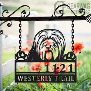 Personalized Bearded Collie Dog Metal Address Sign House Number Hanging Address Plaque Yard Sign, Outdoor Sign Garden Stake,Dog Address Sign