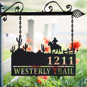 Personalized Cowboy Metal Address Sign House Number Hanging Address Plaque Yard Sign, Outdoor Sign Garden Stake, Metal Address Sign