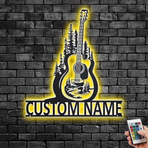 Custom Acoustic Guitar Metal Wall Art With LED Light, Personalized Guitarist Name Sign Decoration For Room, Acoustic Guitar Metal LED Decor