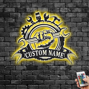 Custom Wrench Mechanic Metal Wall Art With LED Light, Personalized Mechanic Name Sign Decoration For Room, Mechanic Metal LED Decor,Mechanic