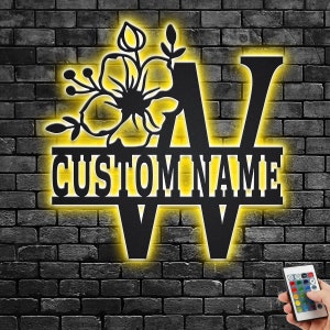 Custom Floral Alphabet W Metal Wall Art With Led Light, Personalized Alphabet Family Name Sign Decoration For Room,Last Name Metal LED Decor