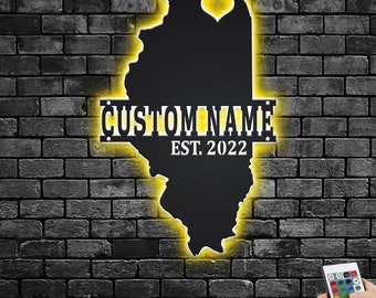 Letrero LED metálico con el mapa de Illinois personalizado: arte mural personalizado