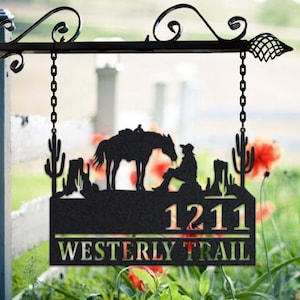 Personalized Cowboy Metal Address Sign House Number Hanging Address Plaque Yard Sign, Outdoor Sign Garden Stake, Metal Address Sign