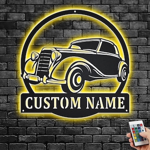 Custom Vintage Car Metal Wall Art With LED Light, Personalized Garage Name Sign Decoration For Room, Vintage Car Metal LED Decor