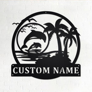Custom dolfijnscène zonsondergang metalen muurkunst, gepersonaliseerde dolfijn naambord decoratie voor kamer, dolfijn metalen woondecoratie, aangepaste dolfijn