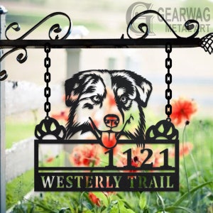 Personalized Australian Shepherd Dog Metal Address Sign House Number Hanging Address Plaque Yard Sign, Outdoor Sign Garden Stake