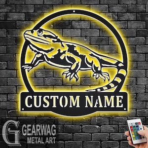 Custom Bearded Dragon Metal Wall Art With LED Light, Personalized Bearded Dragon Name Sign Decoration For Room, Bearded Dragon LED Decor