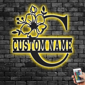 Custom Floral Alphabet C Metal Wall Art With Led Light, Personalized Alphabet Family Name Sign Decoration For Room,Last Name Metal LED Decor