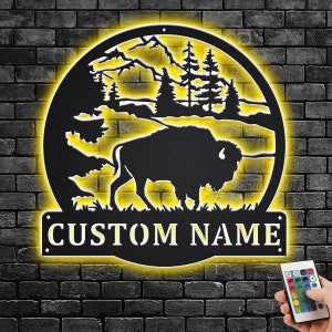 Custom American Bison Metal Wall Art With LED Light, Personalized Bison Name Sign Decoration For Room, Bison Metal Home Decor, Custom Bison