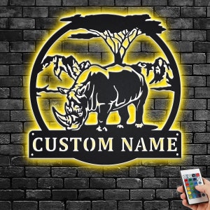 Custom Rhinoceros Metal Wall Art With LED Light, Personalized Rhinoceros Name Sign Decoration For Room, Rhinoceros Metal Home Decor