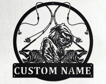 Custom Fish Reaper Skull Metal Wall Art, Personalized Fisherman Name Sign Decoration For Room, Fishing Metal Home Decor, Custom Fisherman
