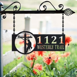Personalized Lineman Metal Address Sign House Number Hanging Address Plaque Yard Sign, Outdoor Sign Garden Stake, Metal Address Sign