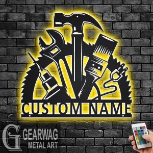 Custom Handyman Metal Wall Art With LED Light, Personalized Workshop Name Sign Decoration For Room, Handyman Metal LED Decor, Dad Workshop