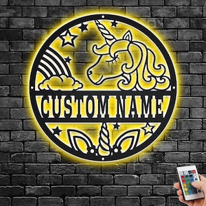 Aangepaste eenhoorn metalen muurkunst met led-verlichting, gepersonaliseerde eenhoorn naambord decoratie voor kamer, eenhoorn metalen led-decor, aangepaste eenhoorn