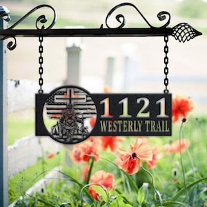 Personalized Soldier Metal Address Sign House Number Hanging Address Plaque Yard Sign, Outdoor Sign Garden Stake, Metal Address Sign