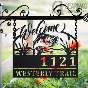 Personalized Bass Fishing Welcome Metal Address Sign House Number Hanging Address Plaque Yard Sign, Outdoor Sign Garden Stake, Address Name