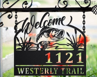 Personalized Bass Fishing Welcome Metal Address Sign House Number Hanging Address Plaque Yard Sign, Outdoor Sign Garden Stake, Address Name