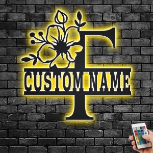 Custom Floral Alphabet T Metal Wall Art With Led Light, Personalized Alphabet Family Name Sign Decoration For Room,Last Name Metal LED Decor